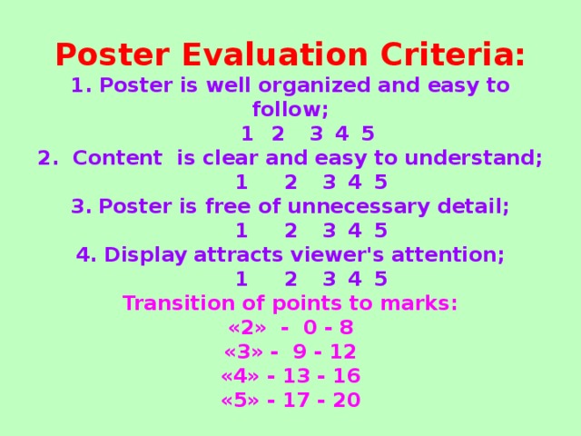 Poster Evaluation Criteria:  1. Poster is well organized and easy to follow;  1  2  3  4  5  2.  Content is clear and easy to understand;  1  2  3  4  5  3.  Poster is free of unnecessary detail;  1  2  3  4  5  4. Display attracts viewer's attention;  1  2  3  4  5  Transition of points to marks:  «2» - 0 - 8  «3» - 9 - 12  «4» - 13 - 16  «5» - 17 - 20