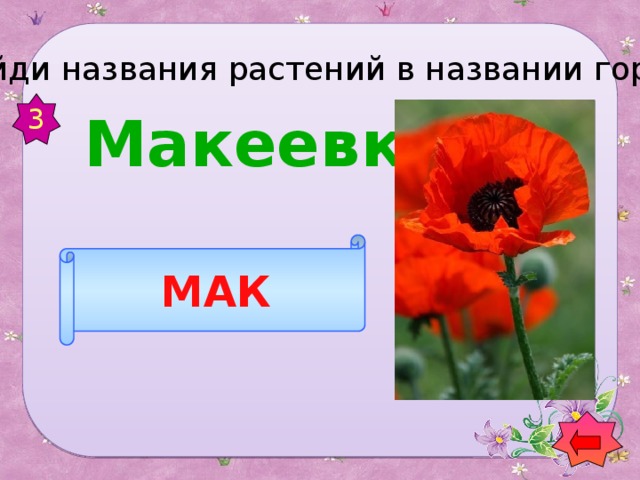 Найди названия растений в названии городов 3  Макеевка МАК