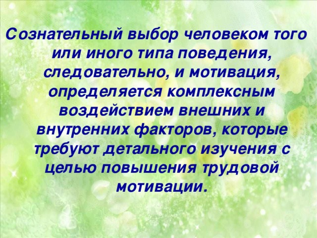 Сознательный выбор человеком того или иного типа поведения, следовательно, и мотивация, определяется комплексным воздействием внешних и внутренних факторов, которые требуют детального изучения с целью повышения трудовой мотивации.