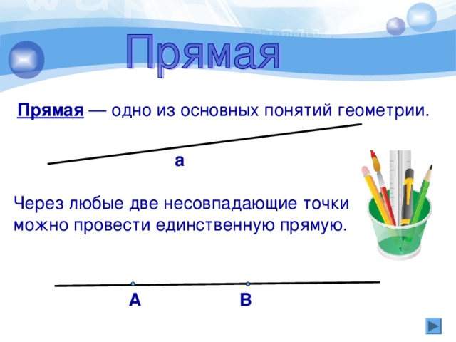 Прямая  — одно из основных понятий геометрии. а Через любые две несовпадающие точки можно провести единственную прямую. А В