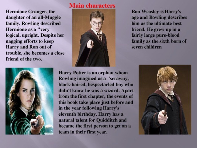 Main characters Hermione Granger, the daughter of an all-Muggle family. Rowling described Hermione as a 