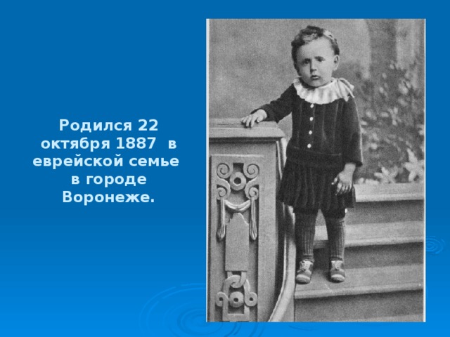 Родился 22 октября 1887  в еврейской семье  в городе Воронеже.