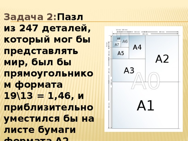 Задача 2: Пазл из 247 деталей, который мог бы представлять мир, был бы прямоугольником формата  19\13 = 1,46, и приблизительно уместился бы на листе бумаги формата А2.