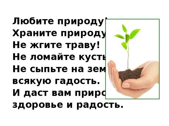 Любишь природу ответ. Любите природу храните природу не жгите траву. Любите природу храните природу. Храните природу! Любите природу! Не ломайте кусты. И даст вам природа здоровье и радость.