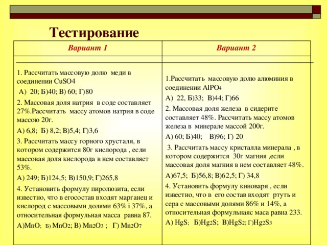 Тестирование Вариант 1 Вариант 2 1. Рассчитать массовую долю меди в соединении CuSO4   А) 20; Б)40; В) 60; Г)80 2. Массовая доля натрия в соде составляет 27%.Рассчитать массу атомов натрия в соде массою 20г. А) 6,8; Б) 8,2; В)5,4; Г)3,6 3. Рассчитать массу горного хрусталя, в котором содержится 80г кислорода , если массовая доля кислорода в нем составляет 53%. А) 249; Б)124,5; В)150,9; Г)265,8 4. Установить формулу пиролюзита, если известно, что в егосостав входят марганец и кислород с массовыми долями 63% і 37%, а относительная формульная масса равна 87. А) MnO ;  Б)  MnO 2 ; В) Mn 2 O 3  ;  Г) Mn 2 O 7  1.Рассчитать массовую долю алюминия в соединении AlPO 4 A) 22, Б)33; В)44; Г)66  2. Массовая доля железа в сидерите составляет 48%. Рассчитать массу атомов железа в минерале массой 200г. А) 60; Б)40; В)96; Г) 20  3. Рассчитать массу кристалла минерала , в котором содержится 30г магния ,если массовая доля магния в нем составляет 48%. А)67,5; Б)56,8; В)62,5; Г) 34,8 4. Установить формулу киноваря , если известно, что в его состав входят ртуть и сера с массовыми долями 86% и 14%, а относительная формульнаяс маса равна 233. А) HgS ; Б) Hg 2 S ; В) HgS 2 ; Г) Hg 2 S 3