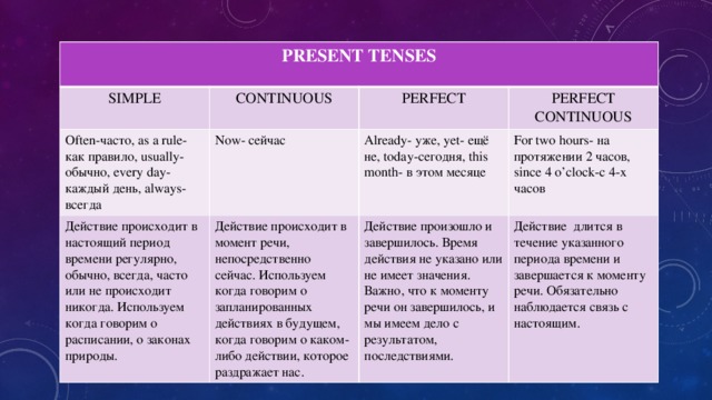 PRESENT TENSES SIMPLE CONTINUOUS Often-часто, as a rule- как правило, usually- обычно, every day- каждый день, always- всегда PERFECT Now- сейчас Действие происходит в настоящий период времени регулярно, обычно, всегда, часто или не происходит никогда. Используем когда говорим о расписании, о законах природы. PERFECT CONTINUOUS Already- уже, yet- ещё не, today-сегодня, this month- в этом месяце Действие происходит в момент речи, непосредственно сейчас. Используем когда говорим о запланированных действиях в будущем, когда говорим о каком-либо действии, которое раздражает нас. For two hours- на протяжении 2 часов, since 4 o’clock-c 4-x часов Действие произошло и завершилось. Время действия не указано или не имеет значения. Важно, что к моменту речи он завершилось, и мы имеем дело с результатом, последствиями. Действие длится в течение указанного периода времени и завершается к моменту речи. Обязательно наблюдается связь с настоящим.