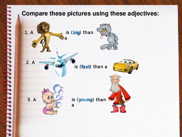 Compare these pictures using these adjectives:   is ( big )  than a 1. A 2. A is ( fast ) than a 3. A is ( young )  than a