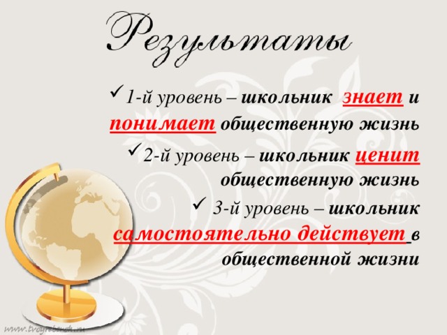 1-й уровень – школьник знает  и понимает общественную жизнь 2-й уровень – школьник ценит общественную жизнь  3-й уровень – школьник самостоятельно действует