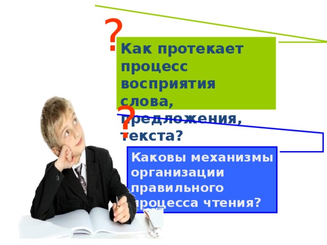 ? Как протекает процесс восприятия слова, предложения, текста? ? Каковы механизмы организации правильного процесса чтения?