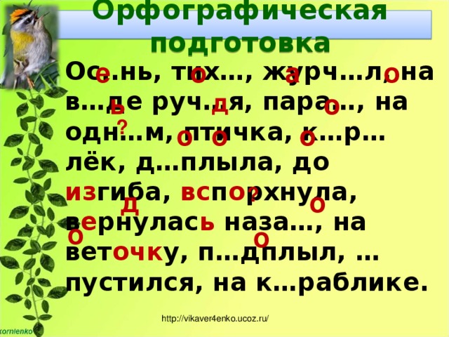 Орфографическая подготовка е о а о Ос..нь, тих…, журч…л, на в…де руч…я, пара…, на одн…м, птичка, к…р…лёк, д…плыла, до из гиба, вс п о рхнула, в е рнулас ь наза…, на вет очк у, п…дплыл, …пустился, на к…раблике. ь д о ? о о о ? д о о о http://vikaver4enko.ucoz.ru/