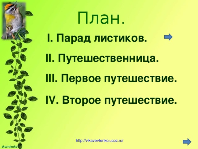 План. I. Парад листиков. II. Путешественница. III. Первое путешествие. IV. Второе путешествие. http ://vikaver4enko.ucoz.ru/