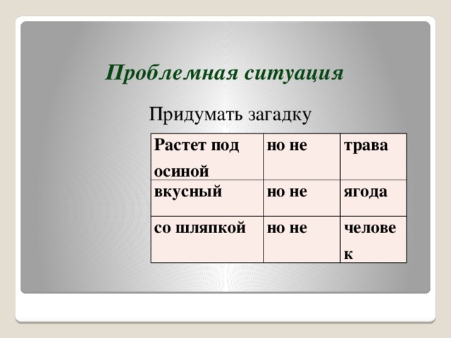 Проблемная ситуация Придумать загадку Растет под осиной но не вкусный трава но не со шляпкой но не ягода человек