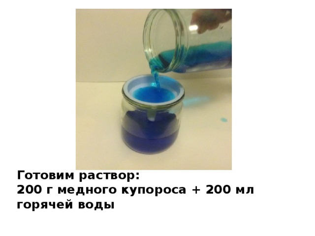 Готовим раствор:  200 г медного купороса + 200 мл горячей воды