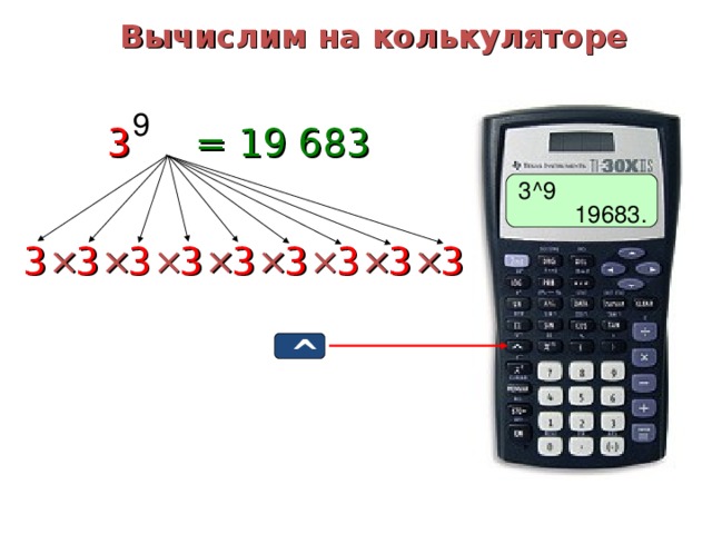 Вычислим на колькуляторе 9 3 = 19 683 3^9 19683. 3 × 3 3 3 × × × × 3 × 3 × × 3 3 3 ^