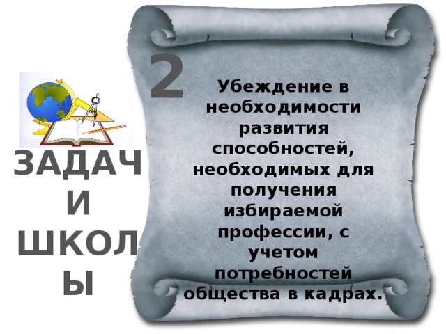 2 Убеждение в необходимости развития способностей, необходимых для получения избираемой профессии, с учетом потребностей общества в кадрах. ЗАДАЧИ ШКОЛЫ