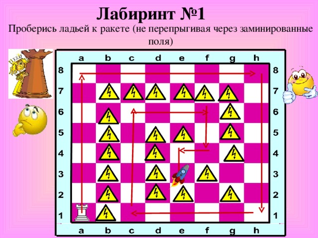 Лабиринт №1 Проберись ладьей к ракете (не перепрыгивая через заминированные поля)