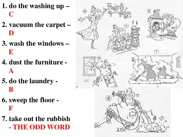 1. do the washing up – C 2. vacuum the carpet – D 3. wash the windows – E 4. dust the furniture - A 5. do the laundry -  B 6. sweep the floor -  F 7. take out the rubbish - THE ODD WORD