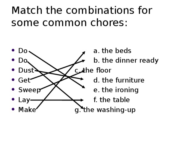 Match the combinations for some common chores: