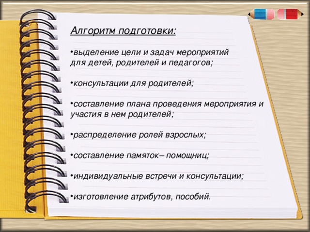 . « Алгоритм подготовки:  выделение цели и задач мероприятий для детей, родителей и педагогов;  консультации для родителей;  составление плана проведения мероприятия и участия в нем родителей;  распределение ролей взрослых;  составление памяток– помощниц;  индивидуальные встречи и консультации;