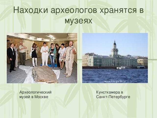 Находки археологов хранятся в музеях Археологический музей в Москве Кунсткамера в Санкт-Петербурге