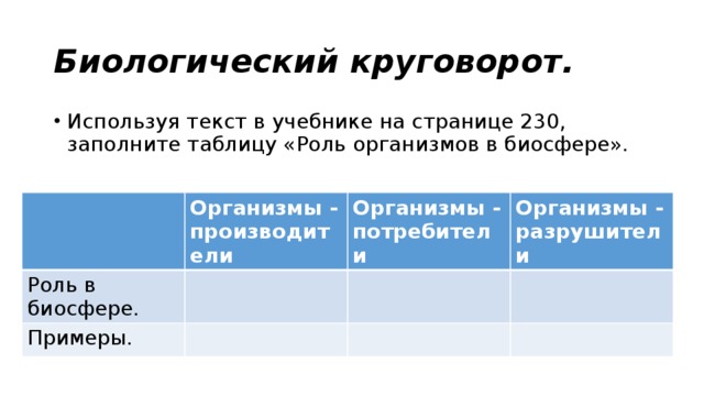 Биологический круговорот. Используя текст в учебнике на странице 230, заполните таблицу «Роль организмов в биосфере». Организмы - производители Роль в биосфере. Организмы - потребители Примеры. Организмы - разрушители