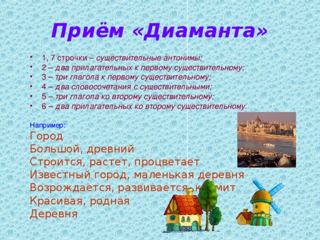 Приём «Диаманта» 1, 7 строчки – существительные антонимы; 2 – два прилагательных к первому существительному; 3 – три глагола к первому существительному; 4 – два словосочетания с существительными; 5 – три глагола ко второму существительному; 6 – два прилагательных ко второму существительному. Например: Город Большой, древний Строится, растет, процветает Известный город, маленькая деревня Возрождается, развивается, кормит Красивая, родная Деревня