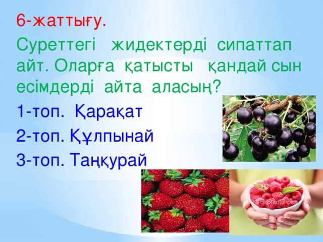 6-жаттығу. Суреттегі жидектерді сипаттап айт. Оларға қатысты қандай сын есімдерді айта аласың? 1-топ. Қарақат 2-топ. Құлпынай 3-топ. Таңқурай