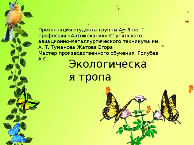 Презентация студента группы Ам-9 по профессии «Автомеханик» Ступинского авиационно-металлургического техникума им. А. Т. Туманова Жатова Егора Мастер производственного обучения: Голубев А.С. Экологическая тропа