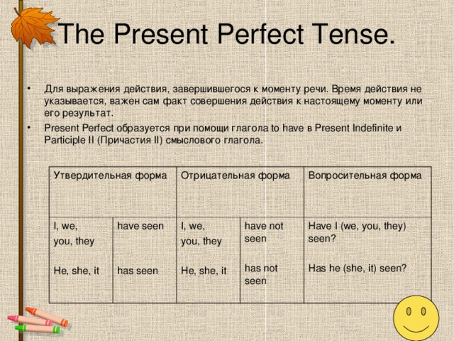 The Present Perfect Tense. Для выражения действия, завершившегося к моменту речи. Время действия не указывается, важен сам факт совершения действия к настоящему моменту или его результат. Present Perfect образуется при помощи глагола to have в Present Indefinite и Participle II (Причастия II) смыслового глагола.  Утвердительная форма  I, we, you, they He, she, it Отрицательная форма have seen has seen I, we, you, they He, she, it Вопросительная форма have not seen has not seen Have I (we, you, they) seen? Has he (she, it) seen?