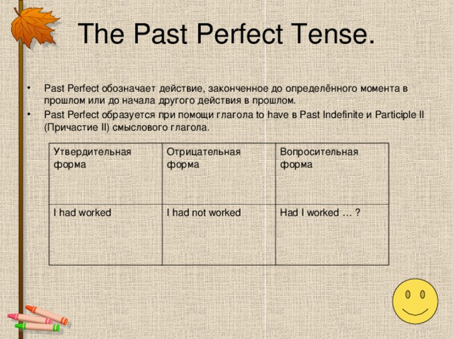 The Past Perfect Tense. Past Perfect обозначает действие, законченное до определённого момента в прошлом или до начала другого действия в прошлом. Past Perfect образуется при помощи глагола to have в Past Indefinite и Participle II (Причастие II) смыслового глагола.  Утвердительная форма I had worked Отрицательная форма Вопросительная форма I had not worked Had I worked … ?