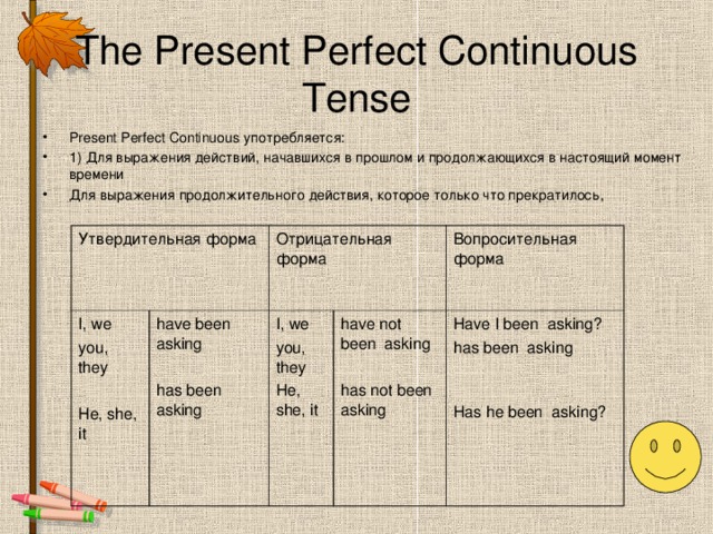 The Present Perfect Continuous Tense Present Perfect Continuous употребляется: 1) Для выражения действий, начавшихся в прошлом и продолжающихся в настоящий момент времени Для выражения продолжительного действия, которое только что прекратилось,  Утвердительная форма I, we you, they He, she, it Отрицательная форма have been asking has been asking I, we you, they He, she, it Вопросительная форма have not been asking has not been asking Have I been asking? has been asking Has he been asking?