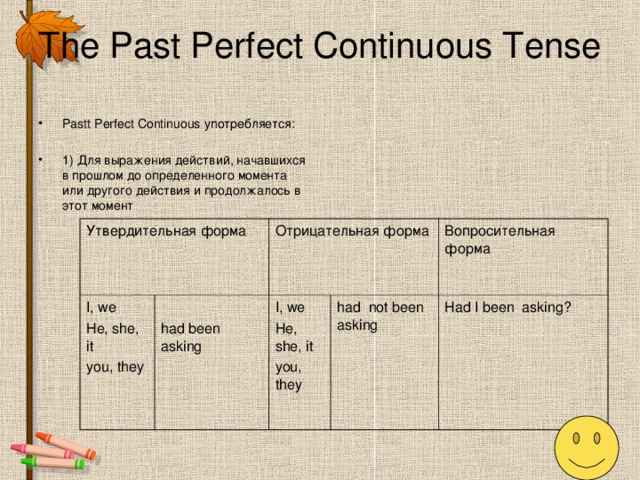 The Past Perfect Continuous Tense P ast t Perfect Continuous употребляется:  1) Для выражения действий, начавшихся в прошлом до определенного момента или другого действия и продолжалось в этот момент Утвердительная форма I, we He, she, it you, they Отрицательная форма had been asking I, we He, she, it you, they Вопросительная форма had not been asking Had I been asking?