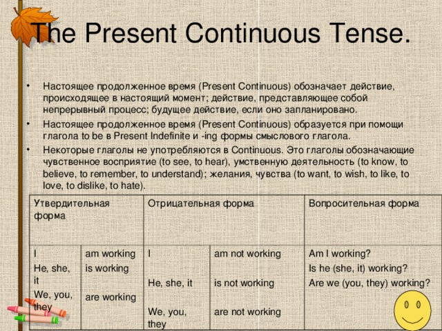 The Present Continuous Tense. Настоящее продолженное время (Present Continuous) обозначает действие, происходящее в настоящий момент; действие, представляющее собой непрерывный процесс; будущее действие, если оно запланировано. Настоящее продолженное время (Present Continuous) образуется при помощи глагола to be в Present Indefinite и -ing формы смыслового глагола. Некоторые глаголы не употребляются в Continuous. Это глаголы обозначающие чувственное восприятие (to see, to hear), умственную деятельность (to know, to believe, to remember, to understand); желания, чувства (to want, to wish, to like, to love, to dislike, to hate).  Утвердительная форма I He, she, it We, you, they Отрицательная форма am working is working are working I He, she, it We, you, they Вопросительная форма am not working is not working are not working Am I working? Is he (she, it) working? Are we (you, they) working ?