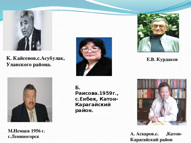 К. Кайсенов.с.Асубулак, Уланского района.      Е.В. Курдаков Б. Раисова.1959г., с.Енбек, Катон- Карагайский район. М.Немцев 1956 г. г.Лениногорск А. Аскаров.с. ,Катон-Карагайский район