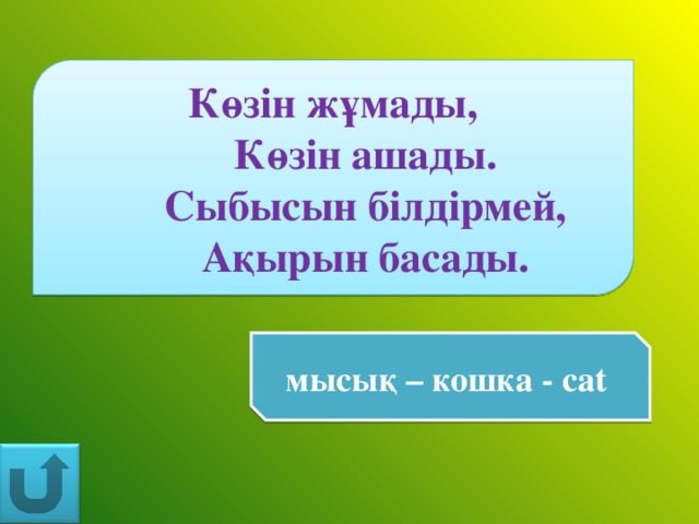 Көзін жұмады,  Көзін ашады.  Сыбысын білдірмей,  Ақырын басады. мысық – кошка - cat