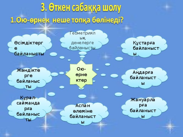 Геометриялық денелерге байланысты Өсімдіктерге байланысты Құстарға байланысты Ою-өрнектер Аңдарға байланысты Жәндіктерге байланысты Жануарларға байланысты Құрал-саймандарға байланысты Аспан әлеміне байланысты