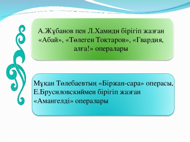 А.Жұбанов пен Л.Хамиди бірігіп жазған «Абай», «Төлеген Тоқтаров», «Гвардия, алға!» опералары Мұқан Төлебаевтың «Біржан-сара» операсы, Е.Брусиловскиймен бірігіп жазған «Амангелді» опералары