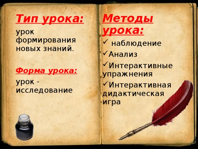 Методы урока:  наблюдение Анализ Интерактивные упражнения Интерактивная дидактическая игра Тип урока: урок формирования новых знаний. Форма урока: урок - исследование