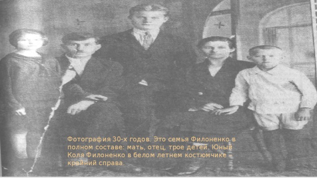 Фотография 30-х годов. Это семья Филоненко в полном составе: мать, отец, трое детей. Юный Коля Филоненко в белом летнем костюмчике – крайний справа.
