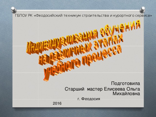 ГБПОУ РК «Феодосийский техникум строительства и курортного сервиса» Подготовила Старший мастер Елисеева Ольга Михайловна г. Феодосия    2016