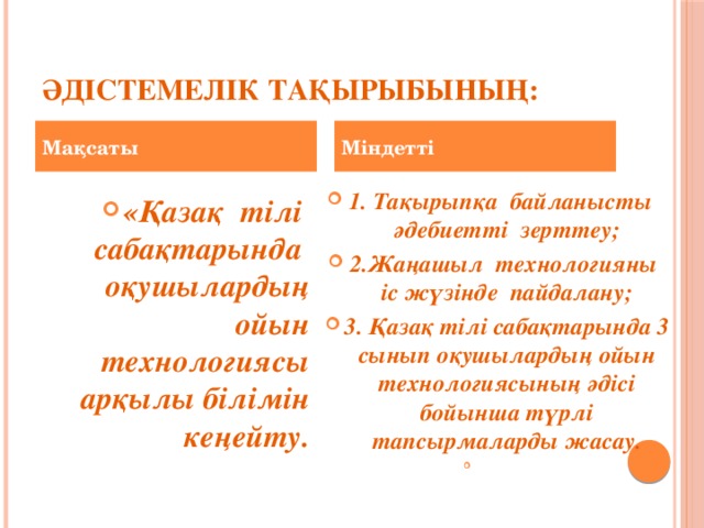 әдістемелік тақырыбының: Мақсаты Міндетті «Қазақ тілі сабақтарында оқушылардың ойын технологиясы арқылы білімін кеңейту. 1. Тақырыпқа байланысты әдебиетті зерттеу; 2.Жаңашыл технологияны іс жүзінде пайдалану; 3. Қазақ тілі сабақтарында 3 сынып оқушылардың ойын технологиясының әдісі бойынша түрлі тапсырмаларды жасау.  