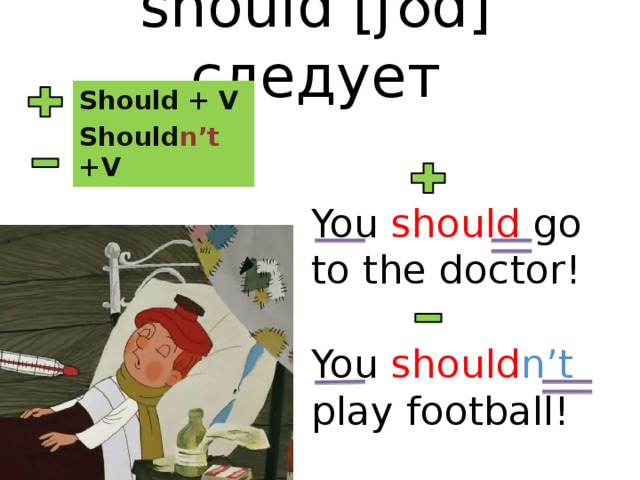 should [ʃʊd] следует   Should + V Should n’t +V You should go to the doctor! You should n’t play football!