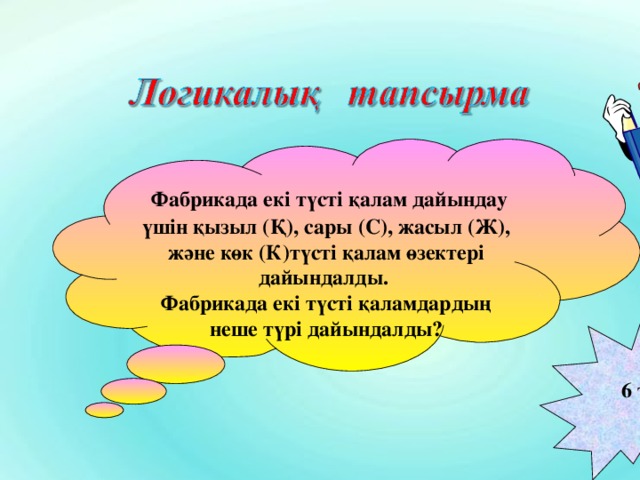 Фабрикада екі түсті қалам дайындау үшін қызыл (Қ), сары (С), жасыл (Ж), және көк (К)түсті қалам өзектері дайындалды. Фабрикада екі түсті қаламдардың неше түрі дайындалды? 6 түс