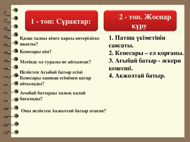 1 - топ: Сұрақтар: 2 - топ. Жоспар құру 1. Патша үкіметінің саясаты. 2. Кенесары – ел қорғаны. 3. Ағыбай батыр - әскери кеңесші. 4. Ақжолтай батыр.  Қазақ халқы кімге қарсы көтеріліске шықты? Кенесары кім? Мәтінде ол туралы не айтылған? Неліктен Ағыбай батыр есімі Кенесары ханның есімімен қатар айтылады? Ағыбай батырды халық қалай бағалады? Оны неліктен Ақжолтай батыр атаған?