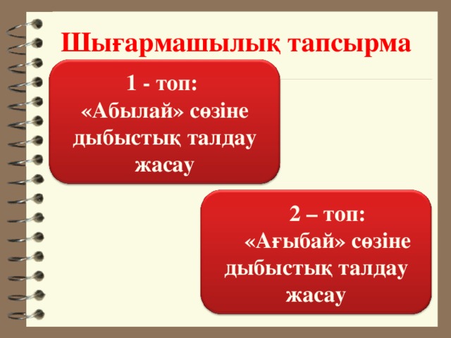 Шығармашылық тапсырма 1 - топ: «Абылай» сөзіне дыбыстық талдау жасау   2 – топ: «Ағыбай» сөзіне дыбыстық талдау жасау