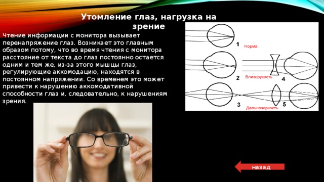 Утомление глаз, нагрузка на зрение Чтение информации с монитора вызывает перенапряжение глаз. Возникает это главным образом потому, что во время чтения с монитора расстояние от текста до глаз постоянно остается одним и тем же, из-за этого мышцы глаз, регулирующие аккомодацию, находятся в постоянном напряжении. Со временем это может привести к нарушению аккомодативной способности глаз и, следовательно, к нарушениям зрения. назад