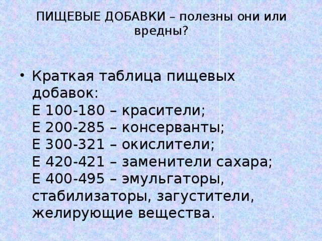 ПИЩЕВЫЕ ДОБАВКИ – полезны они или вредны?