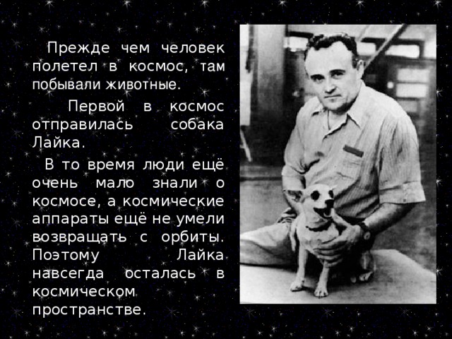 Прежде чем человек полетел в космос, там побывали животные.  Первой в космос отправилась собака Лайка.  В то время люди ещё очень мало знали о космосе, а космические аппараты ещё не умели возвращать с орбиты. Поэтому Лайка навсегда осталась в космическом пространстве.