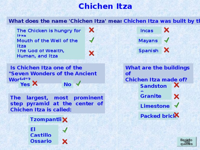 Chichen Itza Chichen Itza was built by the: What does the name 'Chichen Itza' mean? The Chicken is hungry for Itza  Incas Mouth of the Well of the Itza Mayans Spanish The God of Wealth, Human, and Itza  Is Chichen Itza one of the 