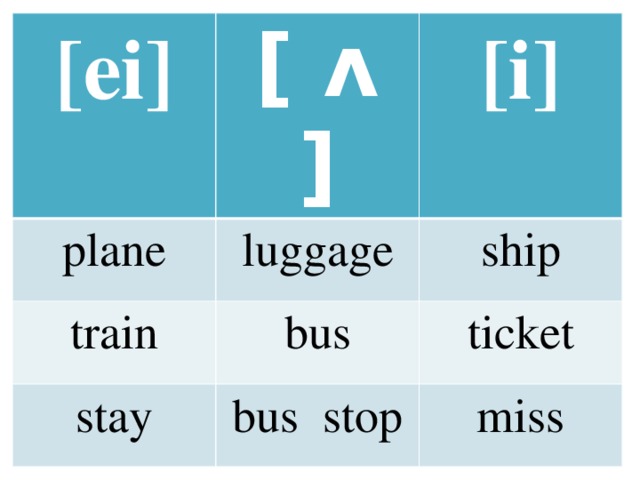 [ei] [ ʌ ] plane luggage train [i] bus stay ship bus stop ticket miss